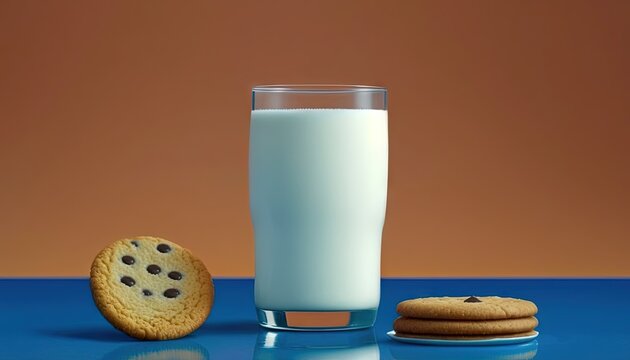  a glass of milk, a cookie and a cookie on a blue table with a brown wall in the backgrouf of the image.  generative ai