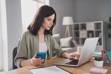 Photo of concentrated focused lady hacker write server program code hardware software data database...