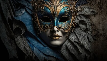 a woman wearing a blue and gold mask