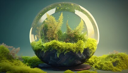 Environment conservation concept. Close up of glass globe in the forest with copy space background.