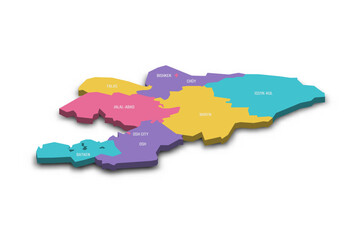 Kyrgyzstan political map of administrative divisions - regions and independent cities of Bishkek and Osh. Colorful 3D vector map with dropped shadow and country name labels.