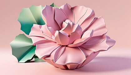  a pink flower with a green umbrella on a pink background with a pink background and a pink background with a green umbrella on the left side.  generative ai