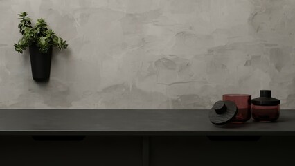 3d rendering. Dark modern minimal cozy counter mockup design for product presentation background.  Black anthracite top counter and grey concrete wall grass with green plant. Elegant kitchen interior - obrazy, fototapety, plakaty