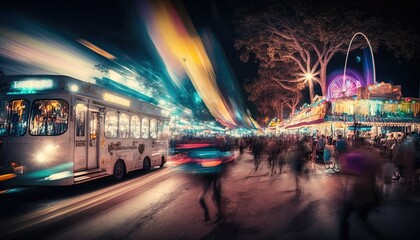  a bus driving down a street next to a carnival at night with people walking around it and a carousel in the background at night time.  generative ai