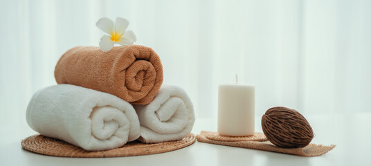 Spa accessory composition set in day spa hotel , beauty wellness center . Spa product are placed in...