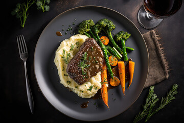 steak with mashed potatoes and vegetables, gourmet steak with carrots and broccoli, restaurant menu image, upscale dining