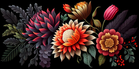 Colorful Mexican floral pattern on a black background, generative AI