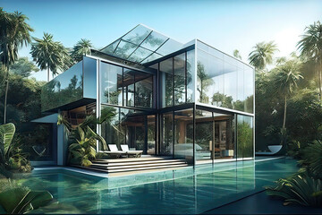 Modern house with pool and solar panels on the roof, ideal for sustainable energies backgrounds, generative AI