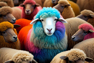 Herd of multicolored sheep in dyed in bright colors, generative AI - obrazy, fototapety, plakaty