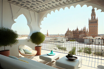 Naklejka premium Impressive penthouse terrace with a swimming pool overlooking Seville, generative AI