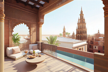 Impressive penthouse terrace with a swimming pool overlooking Seville, generative AI - obrazy, fototapety, plakaty