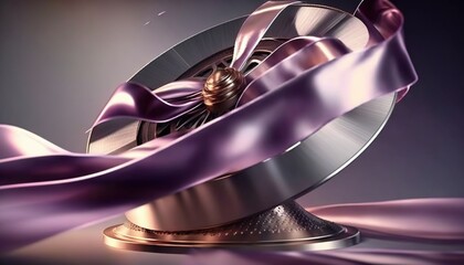  a clock with a purple ribbon around it on a stand with a purple ribbon around it on a dark background with a light reflection on the clock.  generative ai