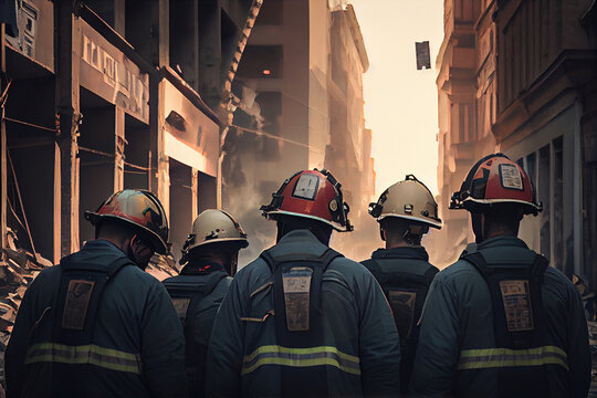 Group of firefighters with helmets in a destroyed city, smoke and fire caused by a big earthquake, ai generative image with back to camera