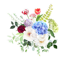 Fototapeta na wymiar Blue, green hydrangea flowers, white peony, tulips, purple hyacinth, red carnation, spring greenery