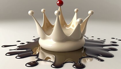  a white and brown crown sitting on top of a puddle of chocolate liquid on a white surface with a red cherry on top of it.  generative ai