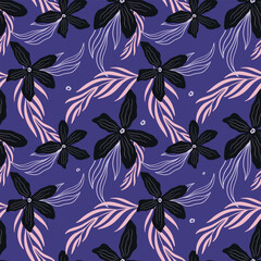 Vector purple floral seamless pattern. Bright leaves, flower buds