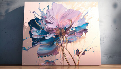  a painting of a pink flower with blue and purple petals on a white background with a wooden table in front of it and a gray wall behind it.  generative ai