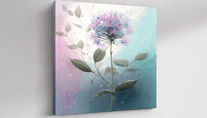  a painting of a purple flower on a blue and pink background with leaves on the bottom of the picture and a pink flower on the bottom of the picture.  generative ai