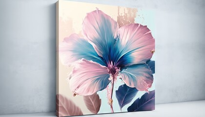  a painting of a pink and blue flower on a white background with a blue center and green leaves on the bottom of the painting is a pale blue background.  generative ai