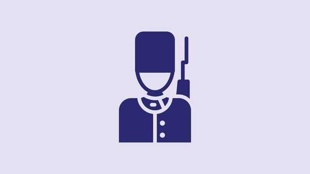 Blue British guardsman with bearskin hat marching icon isolated on purple background. 4K Video motion graphic animation