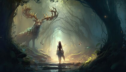 Elves hunt for mythical creature in enchanted woods. Illustration fantasy by generative IA