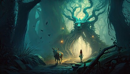 Fototapeta na wymiar Elves hunt for mythical creature in enchanted woods. Illustration fantasy by generative IA