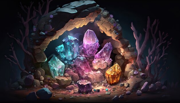 Dwarves mine gems in underground kingdom. Illustration fantasy by generative IA