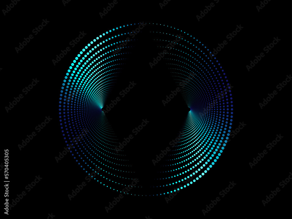 Poster abstract circle line pattern spin blue green light isolated on black background in the concept of mu