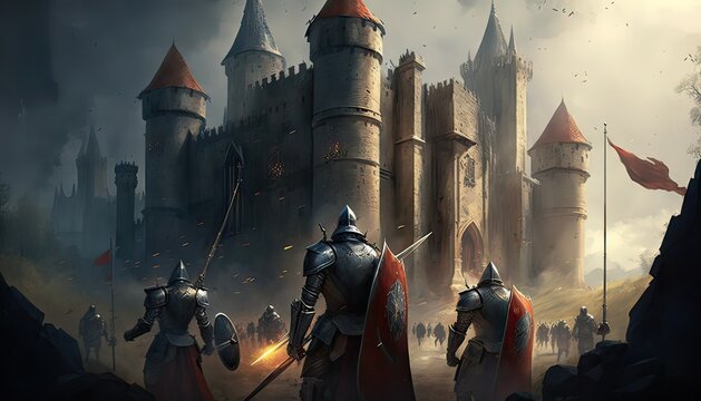 Noble knights defend castle from invading army. Illustration fantasy by generative IA