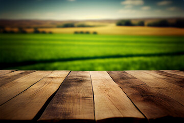 Wooden table with landscape of green hills, meadow and countryside. Created with Generative AI technology