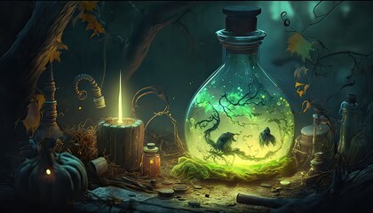 Powerful potions in haunted swamp. Illustration fantasy by generative IA