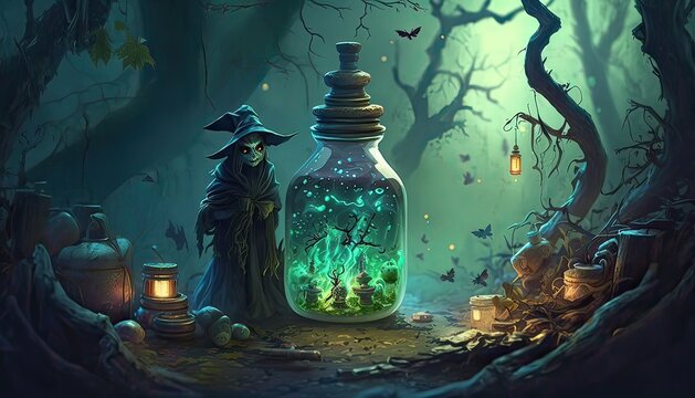 Witch brews powerful potions in haunted swamp. Illustration fantasy by generative IA