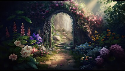 Enchanted garden blooms with rare flowers. Illustration fantasy by generative IA