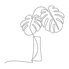 Vector botanical illustration. Line continuous monstera leaves in vase. Outline drawing. Hand drawn linear icon. Leaf silhouette. Minimal design, print, banner, card, wall art poster, logo. © Oksana