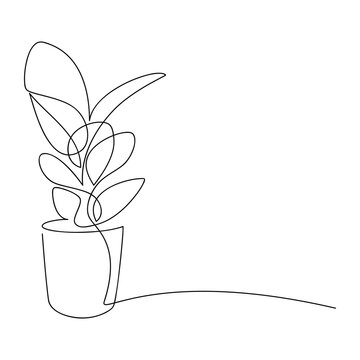 recommend clip art: House plant in pot one line continuous drawing vector illustration. Hand drawn ficus linear icon. Green leaves silhouette. Minimal design, botanical print, banner, card, wall art poster, logo.