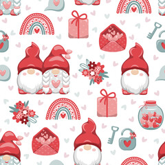 Valentine's Day theme seamless pattern with gnomes, rainbows, flowers, lock, gift, letter and jar with hearts. Vector illustration.