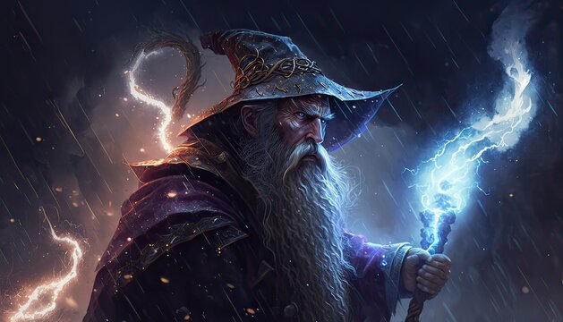 Wizard conjures lightning in thunderstorm. Illustration fantasy by generative IA
