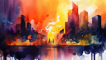 A bold and impactful abstract watercolor painting with bright and striking colors. A bustling city surrounded by a dynamic landscape, creating a dramatic and expressive atmosphere. Generative AI.