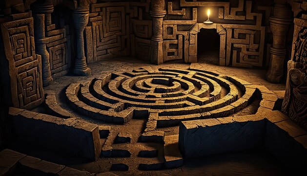 Minotaurs roam labyrinthine dungeon. Illustration fantasy by generative IA