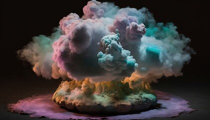  a large cloud of smoke is floating on a surface with a purple and green substance in the middle of the image, on a black background.  generative ai