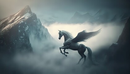 Fototapeta premium Pegasus flight over misty mountain range. Illustration fantasy by generative IA