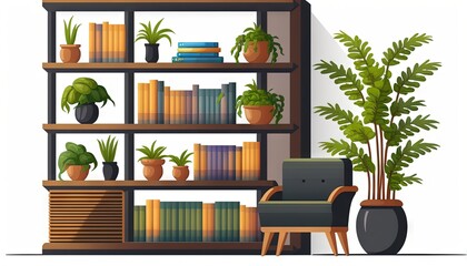 Fototapeta na wymiar a room with a book shelf filled with books and a chair next to a potted plant and a chair with a book on it. generative ai