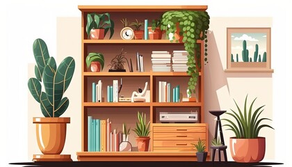  a bookshelf filled with plants and a television on top of it next to a window and a potted plant on the side of the shelf.  generative ai