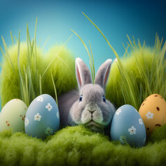 Fototapeta premium Easter bunny and easter multicolored eggs, green grass, blue background 