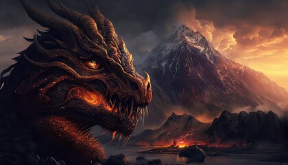 Ancient dragon slumbers beneath volcano. Illustration fantasy by generative IA