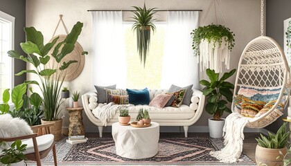 Fototapeta premium a living room filled with lots of plants and a hammock hanging from the ceiling of a room with a window and a rug on the floor. generative ai
