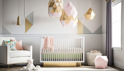  a baby's room with a white crib and a pink and gold crib and a white chair and a white rug with a pink and gold accents.  generative ai