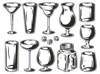 Glass set with empty glasses for bartending and design of bar menu. Design elements for cocktail bar or drink party and barman or bartender.