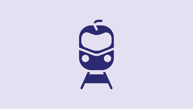 Blue Train and railway icon isolated on purple background. Public transportation symbol. Subway train transport. Metro underground. 4K Video motion graphic animation