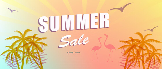 Obraz premium Summer sale banner background with palm tree. For web site, banner, flyer and placard template. Trendy summer backdrop for ad, label, cover, promotion materials and print. Summer sale concept, vector